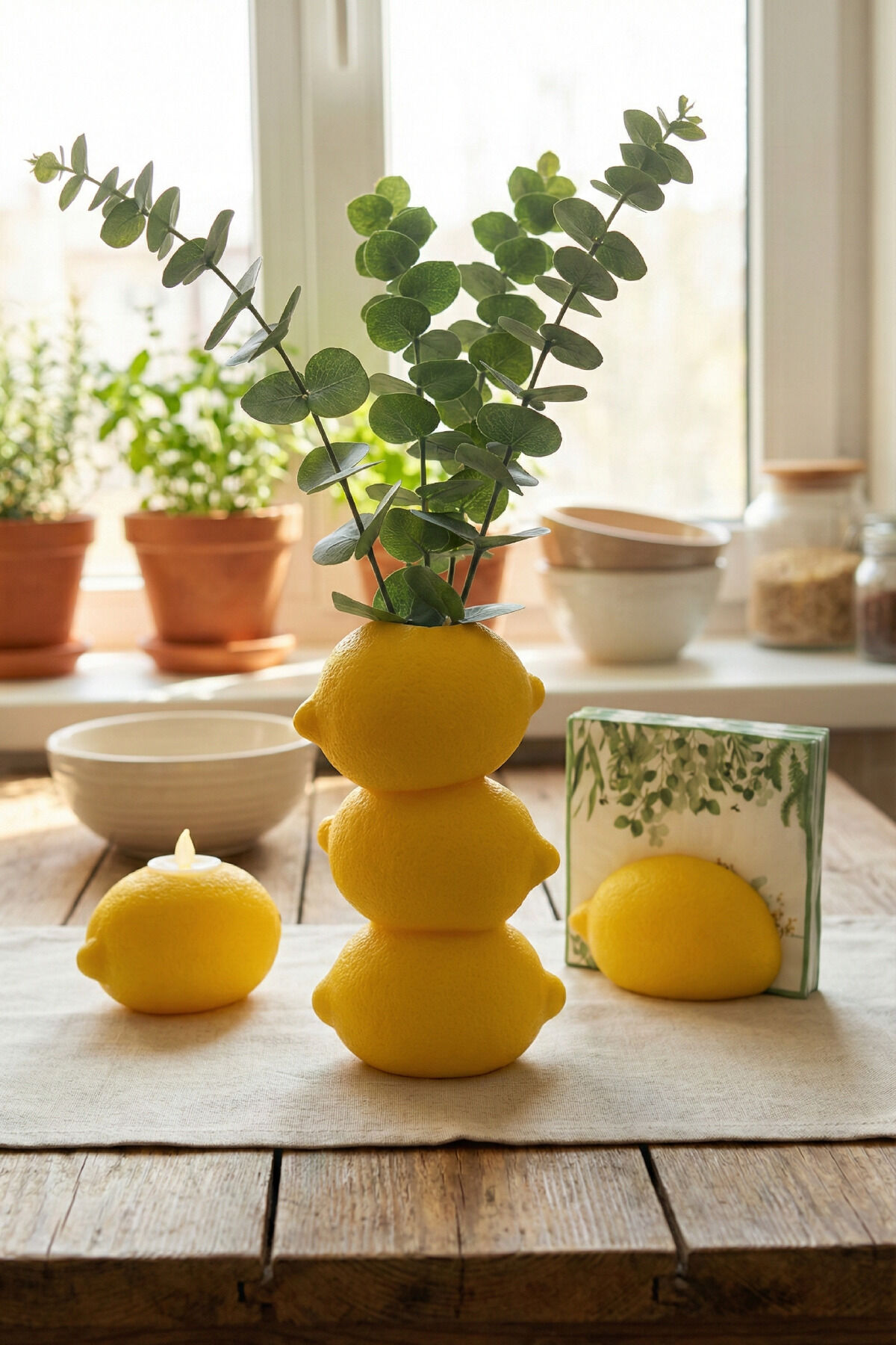 Dekoratif Üç Katlı Limon Tasarım Vazo - Mutfak Ve Salon Dekorasyonu Kuru Çiçek - Bioplastik